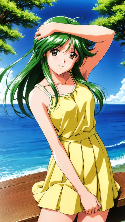 （masterpiece：1.3)、aso kasumi tm2, one girl, alone, long hair, green hair,   smile, brown eyes, no sleeve, handbag, ascot, view y...