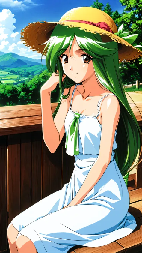 （masterpiece：1.3)、aso kasumi tm2, one girl, alone, long hair, green hair,   smile, brown eyes, no sleeve, handbag, ascot, view y...