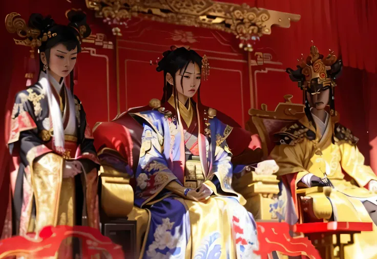 A Chinese giraffe, wearing traditional Chinese clothing, sitting on a throne, a Chinese empress, wearing a golden red imperial robe, traditional Chinese attire, splendid royal robe, adorned in luxurious silk garments, adorned in a gold-plated robe, dressed...