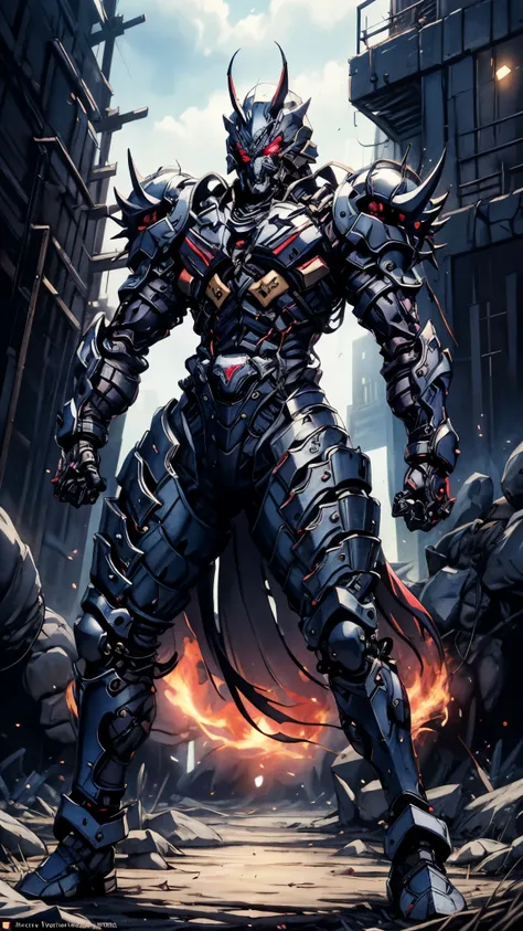 A man wearing a full-face helmet, a fantasy-style biotech armored combat suit, green eyes, (a composite layered chest armor), fully enclosed shoulder guards, matching arm and leg guards, the belt is adorned with fangs biting into orbs, (the color scheme is...