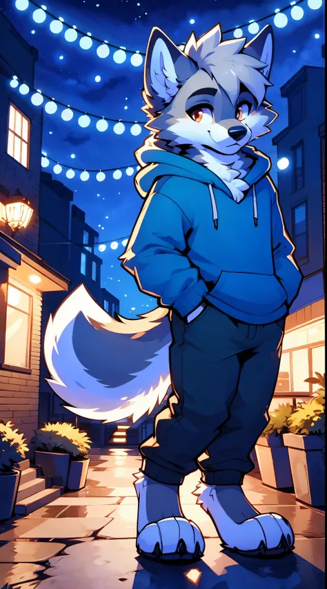 a full body, anthropomorphic brown wolf kid wearing a blue hoodie, pants, wolf face, cute face, glossy fur, big fluffy neckfur, posing for a picture in a hill at night with a city in the distance
