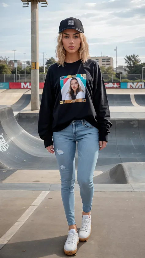 The influencer, with her model-like body that exudes youthful elegance, is in a skate park. Her blonde hair falls in soft waves over her shoulders, framing her face with perfectly symmetrical features and her deep blue eyes that shine with a spark of emoti...