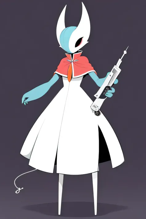 hornet, footless, antrum, needle gun, thread, standing, alone, red cape, (best quality), (detailed dark cave background: 1.2), looking at viewer, holding a gun, flat colors, masterpiece , best quality, 1 girl , solo, gardevoir, white dress, creatures (comp...