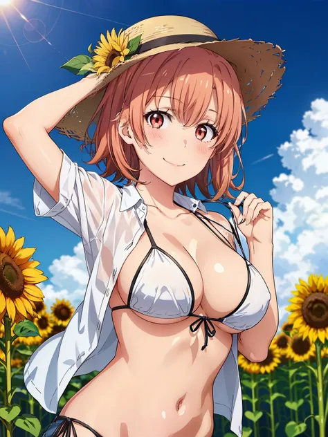 ((highest quality, High resolution,  Perfect Pixel,  4k)), (1 girl),  (Beautiful Anime Girls), 
Watching the audience, 
Perfect body, 

yuigahama yui, short hair, Big Breasts、

blush, smile、
White shirt、Denim bikini、
morning、summer、cloud、sunflower、Wind、Str...