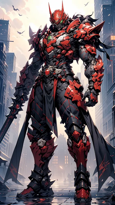 A man wearing a full-face helmet, a fantasy-style biotech armored combat suit, green eyes, (a composite layered chest armor), fully enclosed shoulder guards, matching arm and leg guards, the belt is adorned with fangs biting into orbs, (the color scheme is...