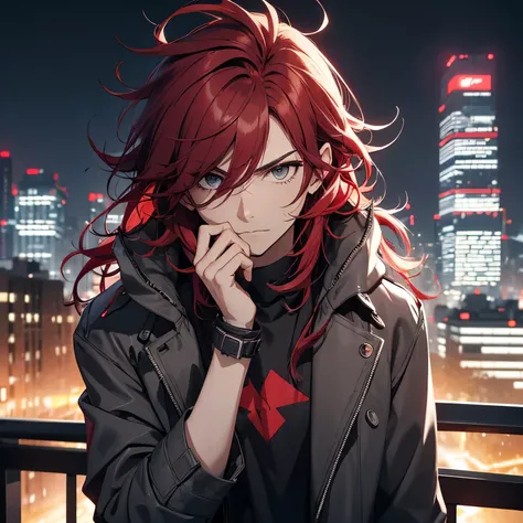 man, messy curved hair, red hair, wearing a gray coat with black details, night city in the background, wearing dark red bracelets.