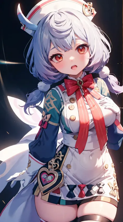 Siegwinn | genshin impact, sigewine, sigewinne, masterpiece, best quality, 1girl, solo, looking at viewer, red eyes, blush, open mouth, long sleeves, white gloves, white nurse hat, red ribbon, thighs, maid dress, white headwear, Wedding Dresses, White Wedd...