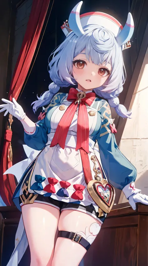 Siegwinn | genshin impact, sigewine, sigewinne, masterpiece, best quality, 1girl, solo, looking at viewer, red eyes, blush, open mouth, long sleeves, white gloves, white nurse hat, red ribbon, thighs, maid dress, white headwear, Wedding Dresses, White Wedd...