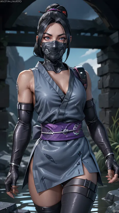 (La mejor calidad,A high resolution,Ultra - detallado,actual),Ariana Grande Mosu Ninja cyborg ,1 chica,solo,de pie,tiro de vaquero,pelo negro,purple sombra,senos,small senos,hombros descubiertos,mascarilla,mouth mascarilla,boca cubierta,ninja mascarilla,ro...