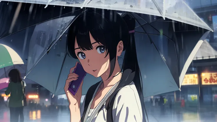master peace, High-quality, (Wide-angle), (Perfect face, Detailed face, Detailed eyes, Perfect hands) , Rain in Tokyo, skyscraper, peoples, 1 girl with umbrella talking on phone, black ponytail hair, masterpeace