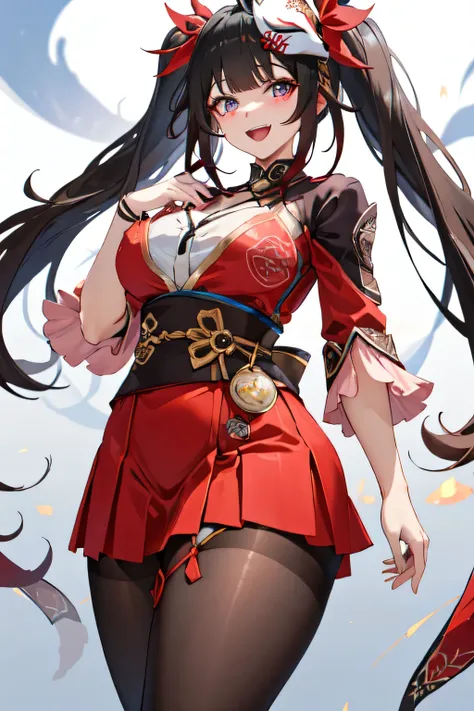 shsparkle, fox mask, long hair, twintails, white shirt, pleated skirt, pantyhose, hand on own chest, smiling, masterpiece, best quality, 1girl, solo, looking at viewer, open mouth, long sleeves, thighs, large breasts and thick thighs, She has a curvy body,...