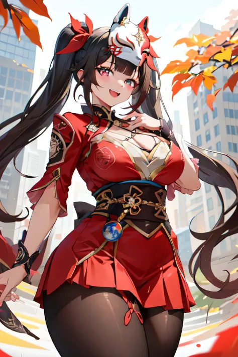 shsparkle, fox mask, long hair, twintails, white shirt, pleated skirt, pantyhose, hand on own chest, smiling, masterpiece, best quality, 1girl, solo, looking at viewer, open mouth, long sleeves, thighs, large breasts and thick thighs, She has a curvy body,...
