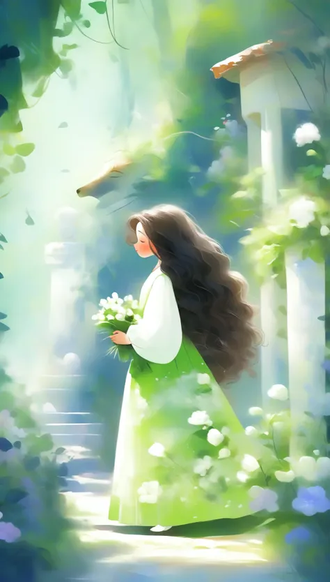 1girl, solo, long_hair, black_hair, long_sleeves, dress, holding, standing, closed_eyes, flower, artist_name, signature, from_side, english_text, tree, profile, animal, watermark, wavy_hair, floral_print, cat, plant, child, nature, web_address, forest, cur...