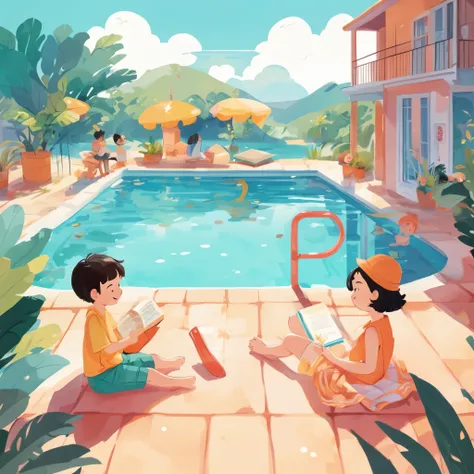 季节性Childrens books籍插图, summer color palette, Pool view, Summer Afternoon, Content Sentiment
,Childrens books, Children&#39;s RedmAF,
 