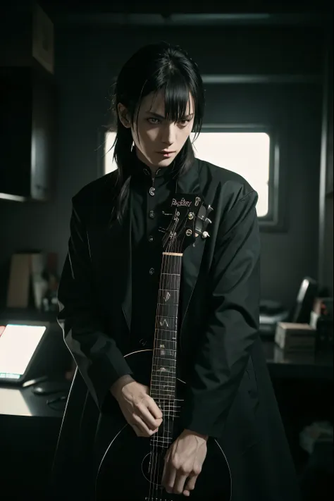 hard gothic band style、peter murphy、bauhaus、electric guitar、play the guitar、gothic、male、dark world、black metal world、black suit、...