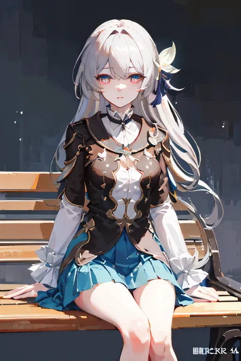 ((best quality)), ((masterpiece)), (detailed), perfect face, Casual clothes, in starship, sitting at bench starship, gray hair, hair ornaments, medium skirt, high resolution , detailed eyes, beautiful eyes, starship, Blushing, FireFly Character, Honkai Sta...