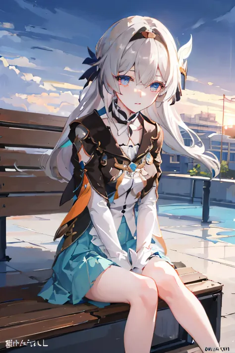((best quality)), ((masterpiece)), (detailed), perfect face, Casual clothes, in starship, sitting at bench starship, gray hair, hair ornaments, medium skirt, high resolution , detailed eyes, beautiful eyes, starship, Blushing, FireFly Character, Honkai Sta...