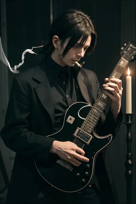 hard gothic band style、peter murphy、bauhaus、electric guitar、play the guitar、gothic、male、dark world、black metal world、black suit、...