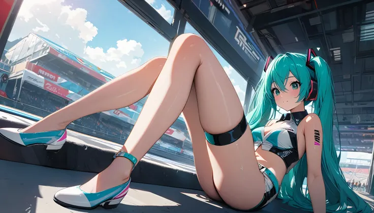 hatsune_miku, race queen, bare legs, belt on right leg, beautiful stomach, stylish, cool, noon, bright, perfect hand, super delicate, ultra detailed, 8k