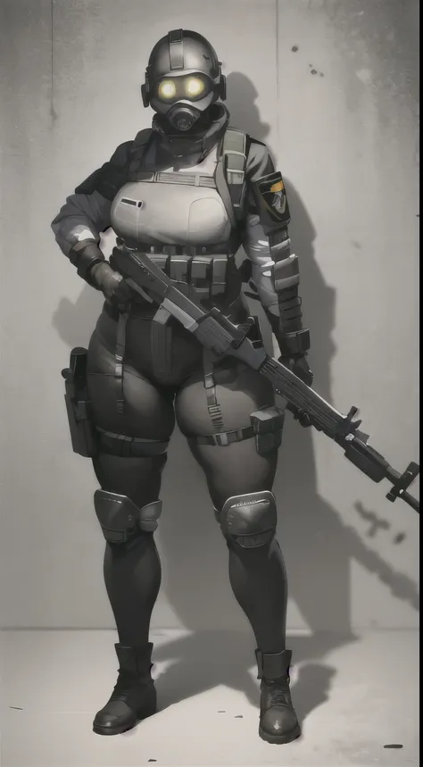 combine soldier, 1girl, solo, standing, helmet, gloves, looking at viewer, facing viewer, military, science fiction, jumpsuit, bulletproof vest, breasts, wide hips, skintight, combat boots, coat around waist, mechanic girl, holding shotgun, holster, chest ...