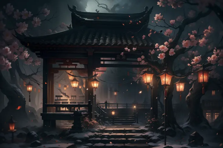 chinese ghost festival，middle metaverse，the same ghost，chiaroscuro street at night，detailed depiction of the branch fabric and l...