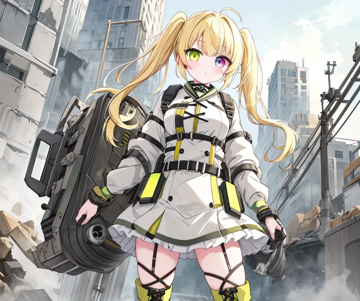 twin tail,light blonde,(heterochromia green eye yellow eye),lace-up boots,apocalyptic exploration,beautiful girl,heavy equipment...