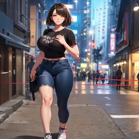 A woman wearing a black shirt with white kanji writing on the shirt, short black denim shorts, sports shoes, short brown hair, yellow eyes, full body, big breasts walking on a sidewalk in a city at night with lighting in place,.projected shadow, anaglyph, ...