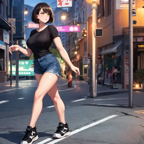 A woman wearing a black shirt with white kanji writing on the shirt, short black denim shorts, sports shoes, short brown hair, yellow eyes, full body, big breasts walking on a sidewalk in a city at night with lighting in place,.projected shadow, anaglyph, ...