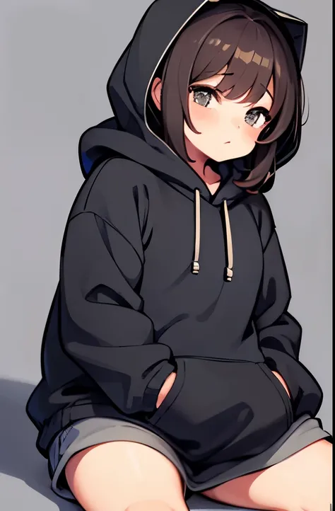 Chubby male, dark brunette hair, wearing a hoodie, wearing grey shorts