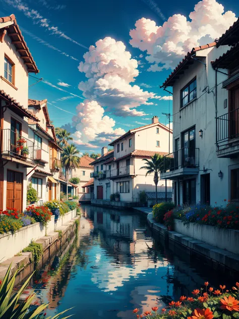 wide view, blue and white dwellings near beach, reflection, windy, beautiful, red flowers in pots, palm trees, vibrant tones, shining clouds, afternoon time, thick lines, cozy tones, beautiful sky, ghibli style, outdoors, cozy atmosphere, micro landscape, ...