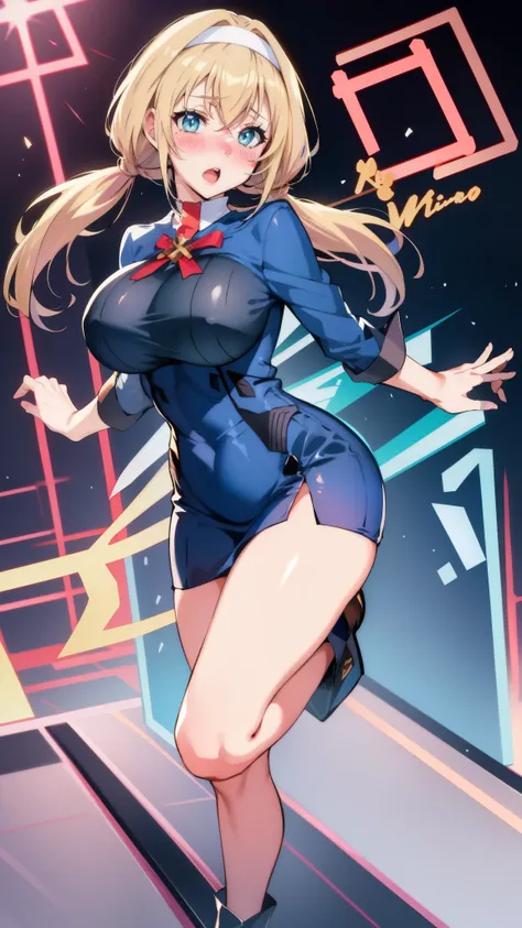 blonde hair,milf,blue eyes,open mouth,big breasts,blush,cowboy shot,,solo,,full  body,low twintail,hair band