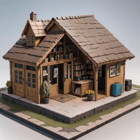 there is a small model of a small house with a roof, diorama model, highly detailed sculpey diorama, surreal sci fi set design, highly detailed diorama, diorama, detailed scene, eeri, miniature model, backside of scenography elements, by Lee Loughridge, by...