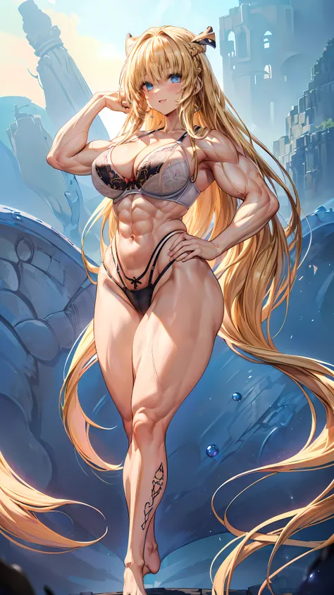 Very detailed、highest quality、Best image quality、masterpiece、8k、Anime Face、A kind smile、(Open your mouth:1.3)、Sparkling blue eyes、(Blonde semi-long hair:1.5)、(Muscles of the whole body:1.3)、(highleg:2.0)、Thigh belt、(Cowboy Shot:1.5)、(SFW Giant)、(Thick body...