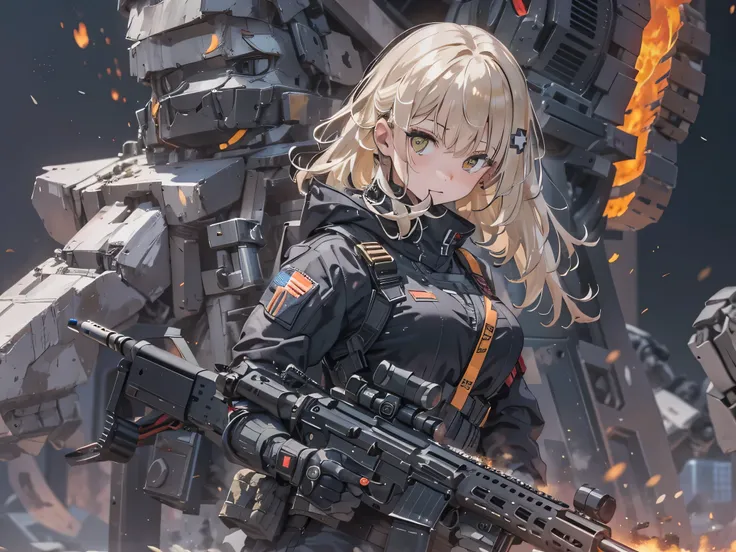 (h&K Rifle:1.4)、(((Fire a rifle to destroy military robots:1.4)))、(Female soldier with non-mechanical body)、solo:1.4、(Black combat uniform)、(platinum-blonde-hair:1.2)、Have multiple weapons、rubble、((超A high resolution))、Detail Write、​masterpiece、top-quality...