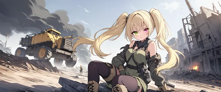 twin tail,light blonde,(heterochromia green eye yellow eye),lace-up boots,apocalyptic exploration,beautiful girl,heavy equipment...