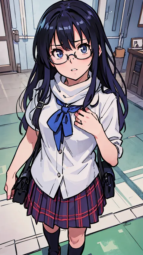 (highest quality,4K,8K,High resolution,table top:1.2), super detailed, (realistic,photorealistic,photo-realistic:1.37), ((portrait)),((Glasses Girl)),((rage)),(closed mouse)),((cry,tearful,tear drop)),((black hair)),((long hair)),((school-uniform)),Scarf,h...