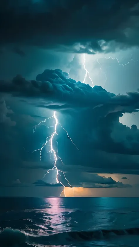 a close up of a lightning bolt hitting a cloud over a body of water, dark storms with lightning, night sea storm, stormy weather...