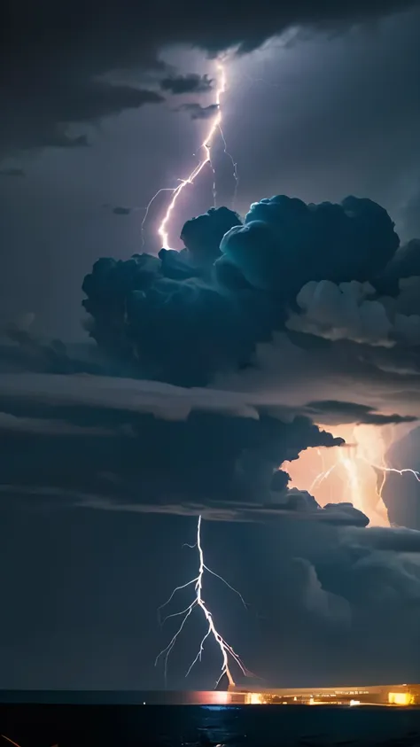 a close up of a lightning bolt hitting a cloud over a body of water, dark storms with lightning, night sea storm, stormy weather...