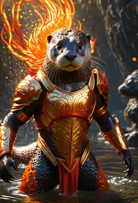 An Otter in Lava Armor, xianxia
(Details: vibrant fiery armor, shimmering golden patterns, fierce expression, powerful aura, flowing lava texture, intricate craftsmanship, ancient runes)
(Traits: agile, intelligent, mischievous)
(Utility: skilled swimmer, ...