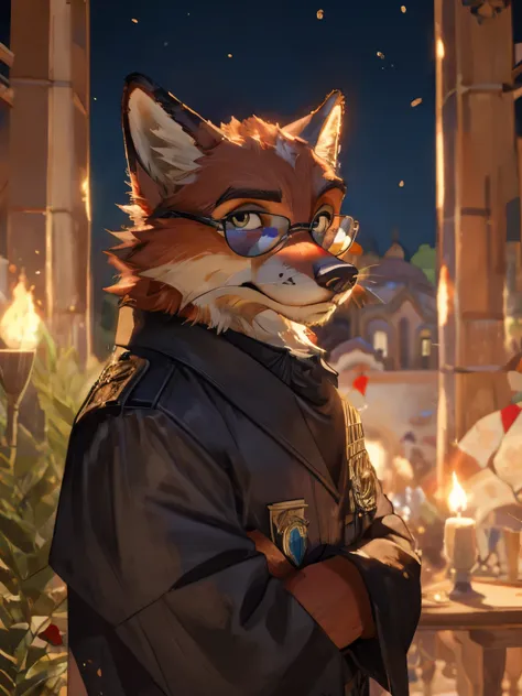 ((an anthropomorphic red fox)) male, with realistic fur, traje negro, ((wearing glasses)), muy esponjoso, pelaje realista en la ...