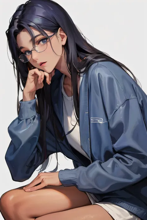 (Top resolution、Distinct_image)top-quality、femele、​masterpiece、ighly detailed、Semi-realistic、dark blue hair、Dark hair、grey  eyes、bangss、21years old、Mature、young、comfy clothes、Exquisite facial features、Facial features, grey color shade hair, glasses, white ...