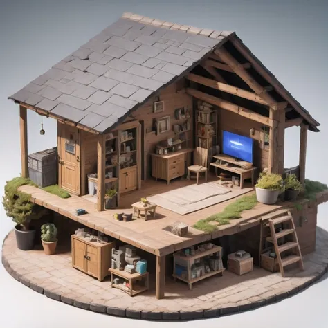 there is a small model of a small house with a roof, diorama model, highly detailed sculpey diorama, surreal sci fi set design, ...