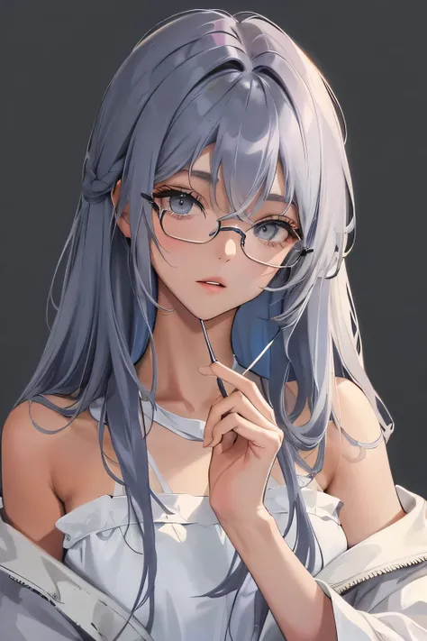 (Top resolution、Distinct_image)top-quality、femele、​masterpiece、ighly detailed、Semi-realistic、dark blue hair、Dark hair、grey  eyes、bangss、21years old、Mature、young、comfy clothes、Exquisite facial features、Facial features, grey color shade hair, glasses, white ...