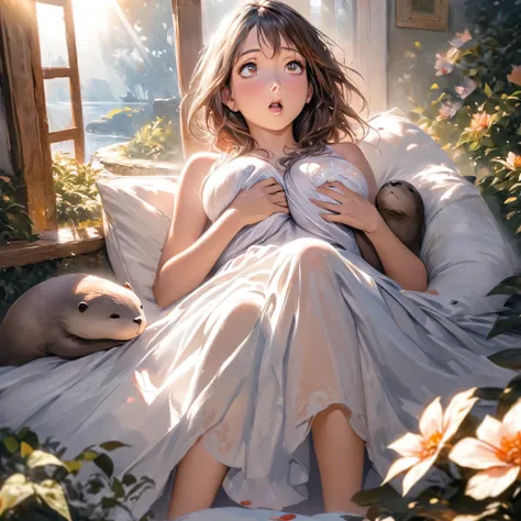 (full body picture, head to toe)(a woman in a sheer white dress looks surprised,startled,surprised,wondering,in awe,amazed,intrigued,curious,bewildered) (as an otter cuddles up,snuggles up,nuzzles into,settle down,rest,tucks itself,snuggles into,cuddle in)...