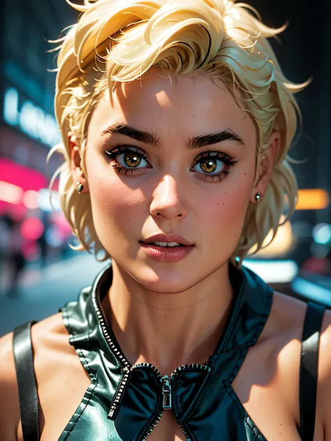 Stefania Ferrario as a Spider Gwen from Marvel Comics, Corpo Inteiro, corpo perfeito, parted lips, olhos azuis, cabelo loiro curto, asymmetrical side cut, sobrancelha com piercing, olhando para o espectador, (obra de arte), ((melhor qualidade)), cinematic ...