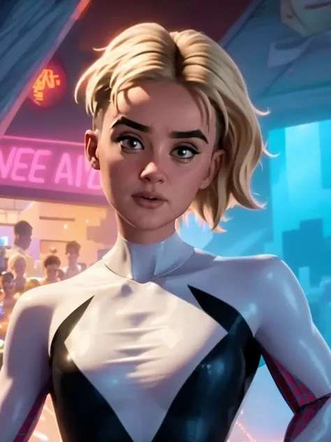 (((Corpo Inteiro))) Stefania Ferrario as a Spider Gwen from Marvel Comics, Corpo Inteiro, corpo perfeito, parted lips, olhos azuis, cabelo loiro curto, asymmetrical side cut, sobrancelha com piercing, olhando para o espectador, (obra de arte), ((melhor qua...