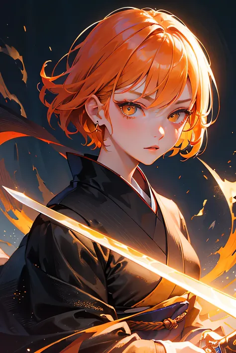 masterpiece, highest quality, so beautiful、up to date、Slender and cool girl, Orange Hair, short hair, Yellow Eyes、Shining Eyes、Beautiful Eyes、An adult woman wearing a black kimono and holding a sword、Moonlit Night、Demon slayer、Face close-up