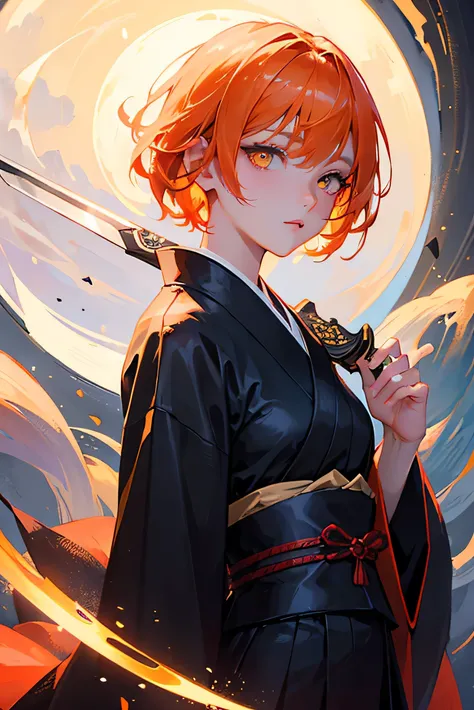 masterpiece, highest quality, so beautiful、up to date、Slender and cool girl, Orange Hair, short hair, Yellow Eyes、Shining Eyes、Beautiful Eyes、An adult woman wearing a black kimono and holding a sword、Moonlit Night、Demon slayer、Face close-up