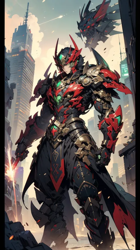 A man wearing a full-face helmet, a fantasy-style biotech armored combat suit, green eyes, (a composite layered chest armor), fully enclosed shoulder guards, matching arm and leg guards, the belt is adorned with Beetle-shaped gem, (the color scheme is prim...