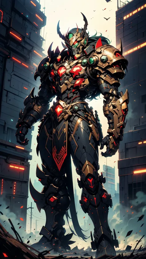 A man wearing a full-face helmet, a fantasy-style biotech armored combat suit, green eyes, (a composite layered chest armor), fully enclosed shoulder guards, matching arm and leg guards, the belt is adorned with Beetle-shaped gem, (the color scheme is prim...